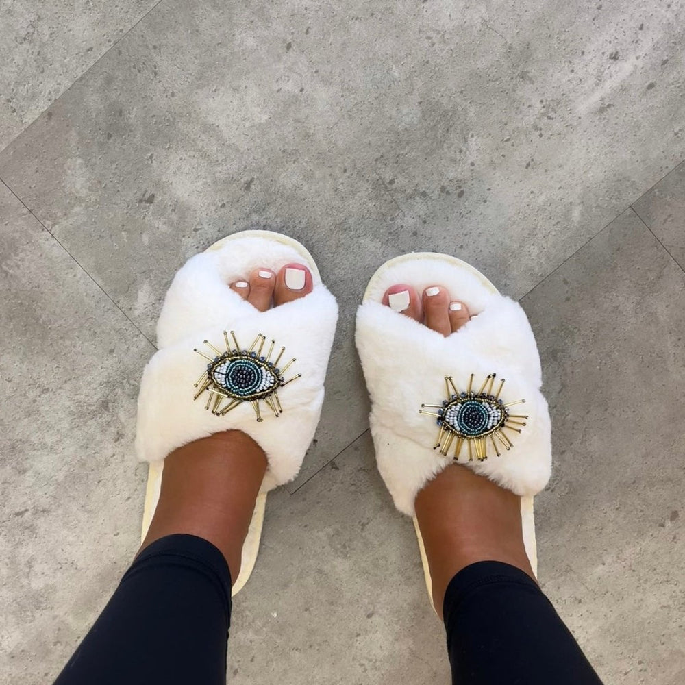 Fluffy Evil Eye Slippers