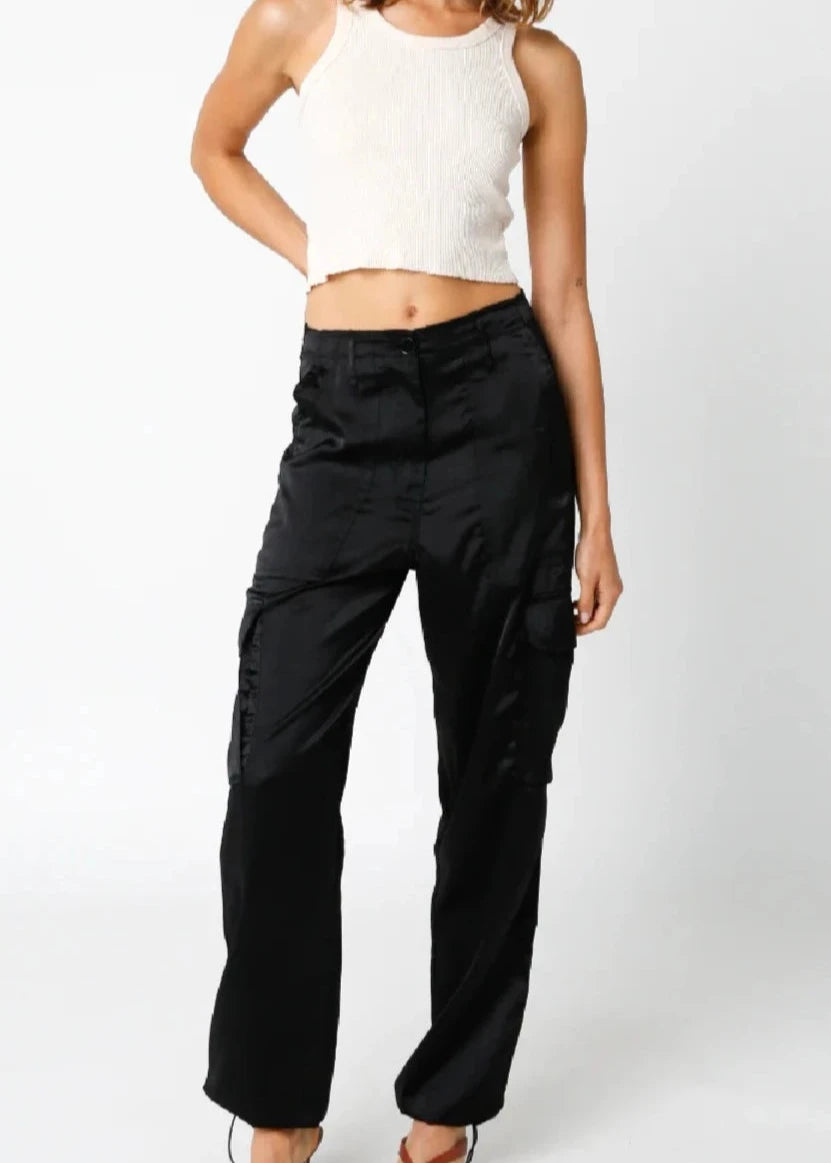 Black Satin Cargo Pants