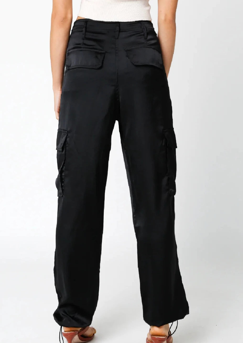 Black Satin Cargo Pants